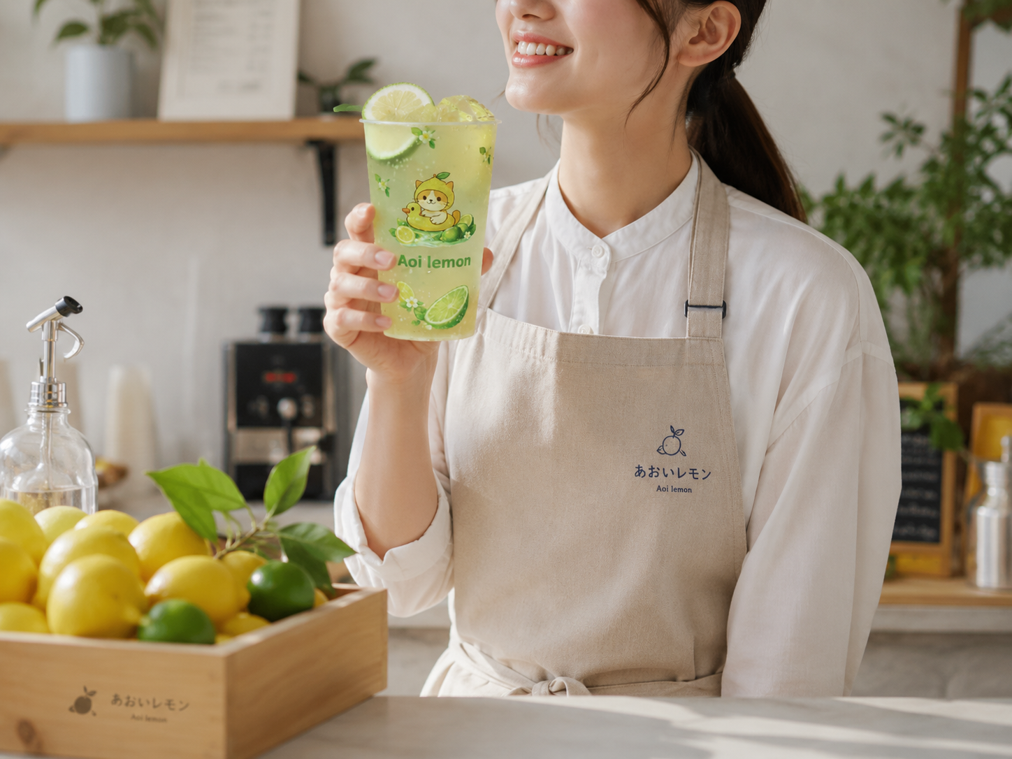 青いレモンのスタッフがレモンティーを手にしている様子